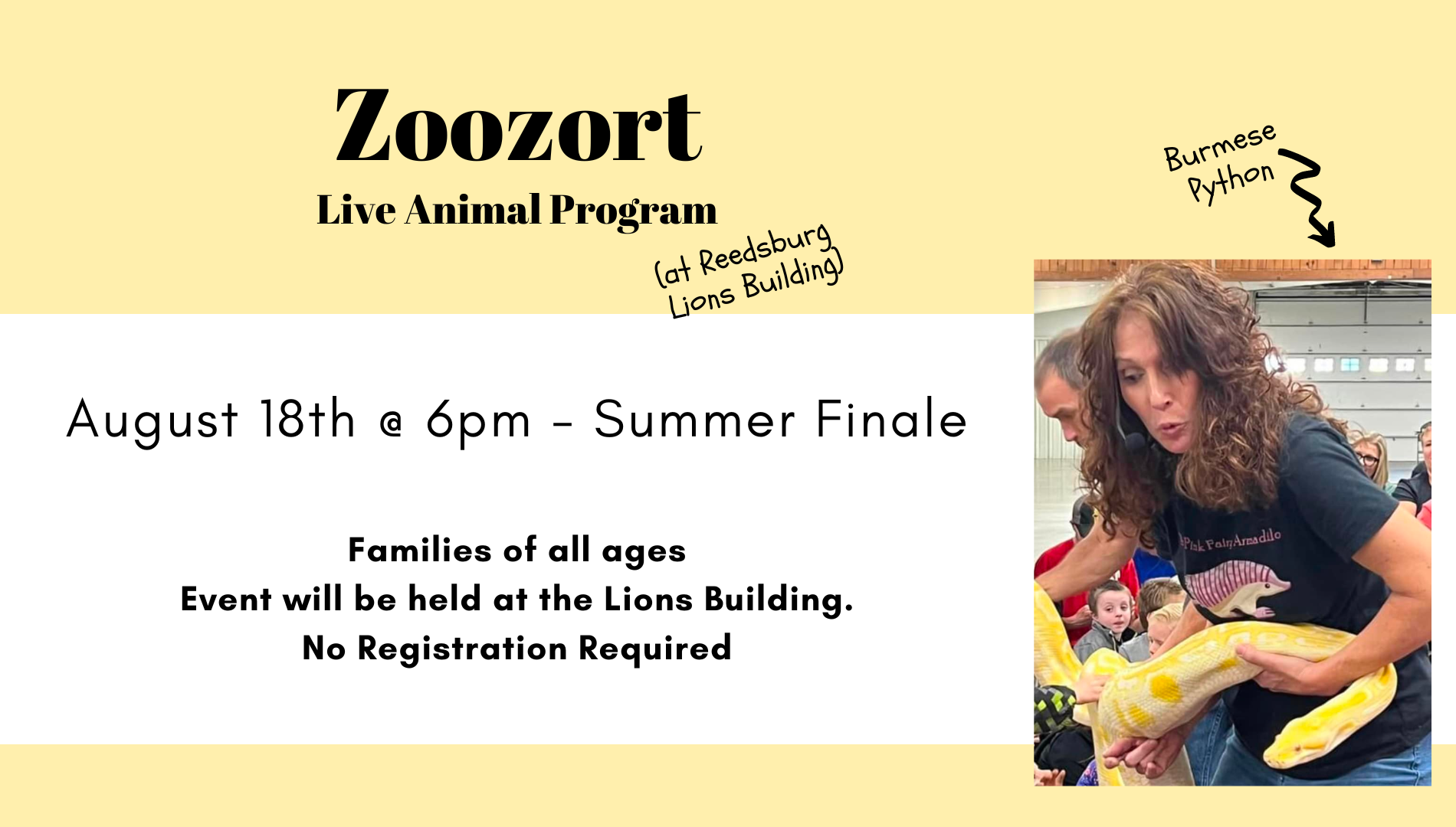 Zoozort will be at the Lions Building for our Summer Finale!