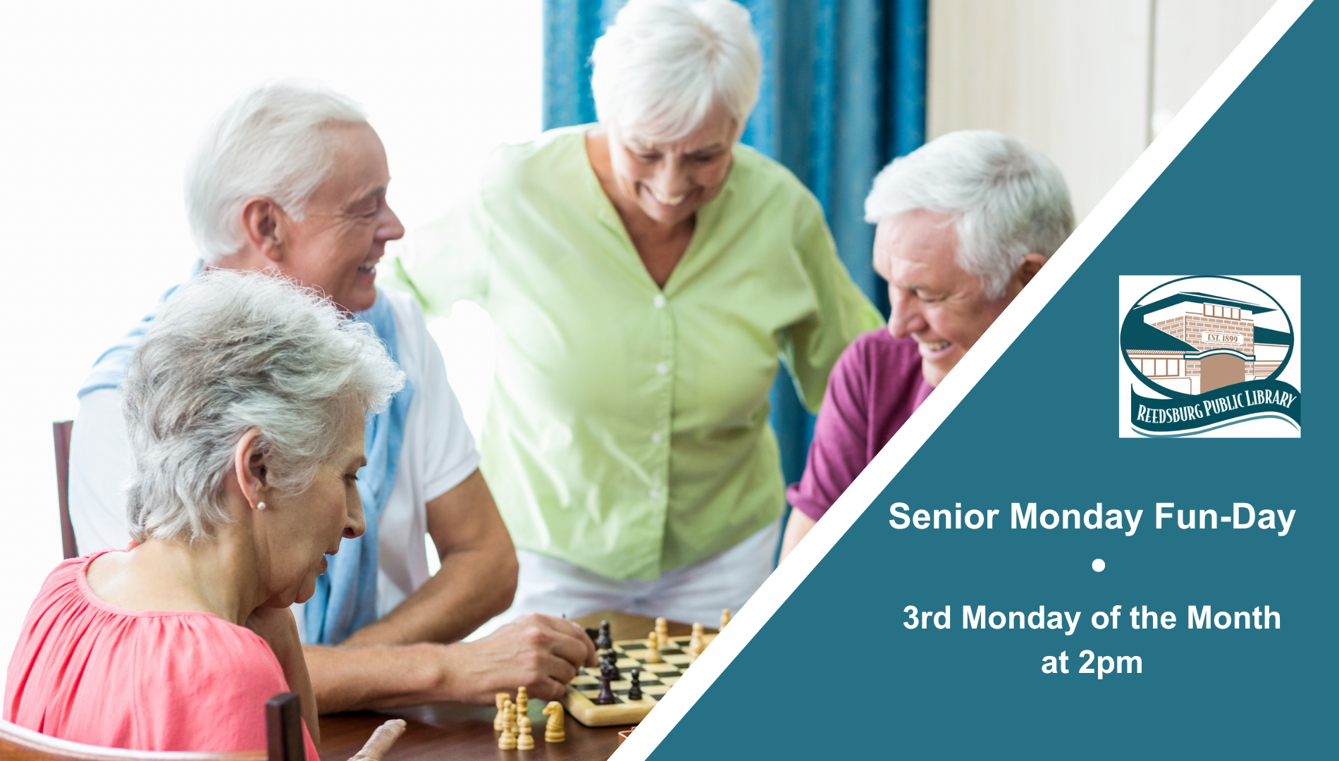 Image of senior enjoying a game of chess with caption "Senior Monday Fun-Day. 3rd Monday of the month at 2pm".