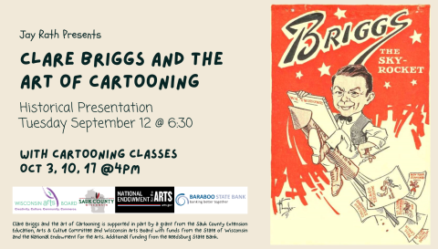 Cartoon Image of "Briggs the Skyrocket" with information on dates of historical presentation and cartooning classes.