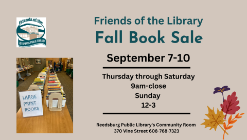 Fall booksale flyer. September 7-10. Thursday through Saturday 9am to close and Sunday 12-3.