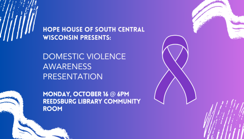 Image of Domestic Violence Awareness purple ribbon with details on dates and times of presentation.